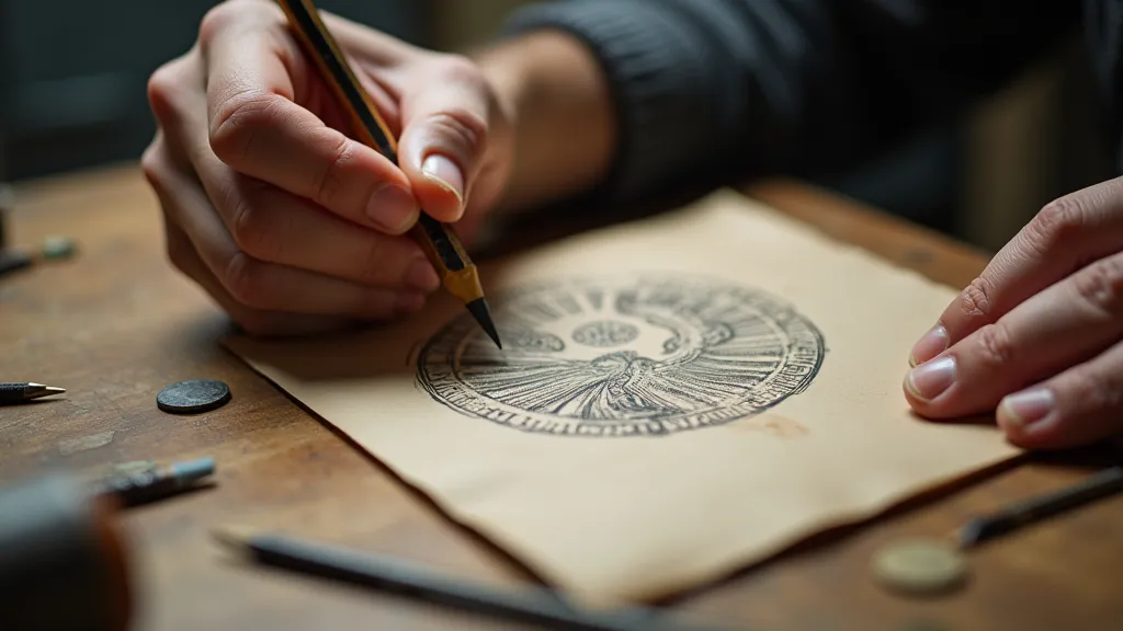 Hand sketching a Roman coin design