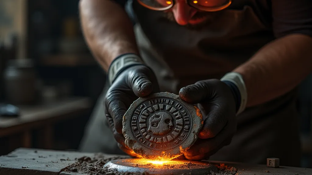 Craftsman pouring molten metal into a coin mold