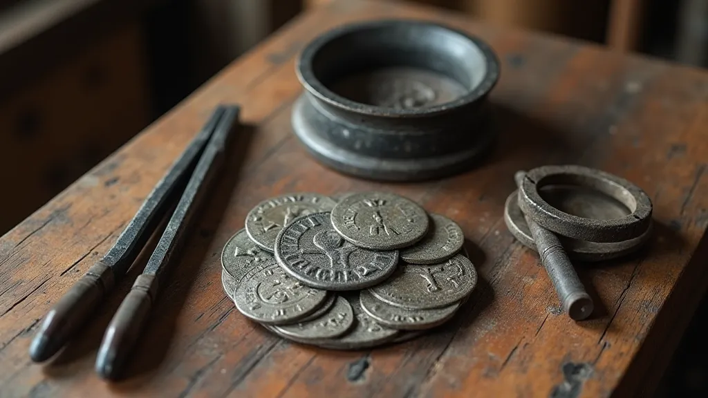 Still life of Roman coin replicas and casting tools
