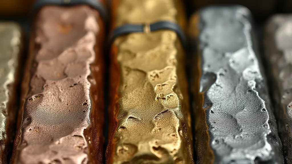 Comparison of bronze, brass and silver metal ingots.