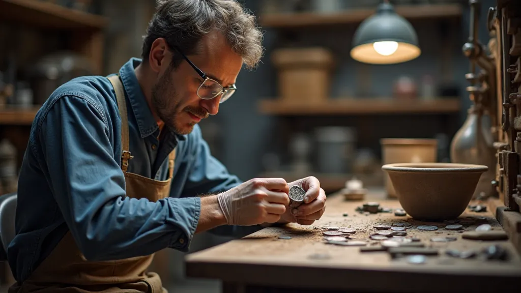 Contemporary artisan inspecting a replica coin