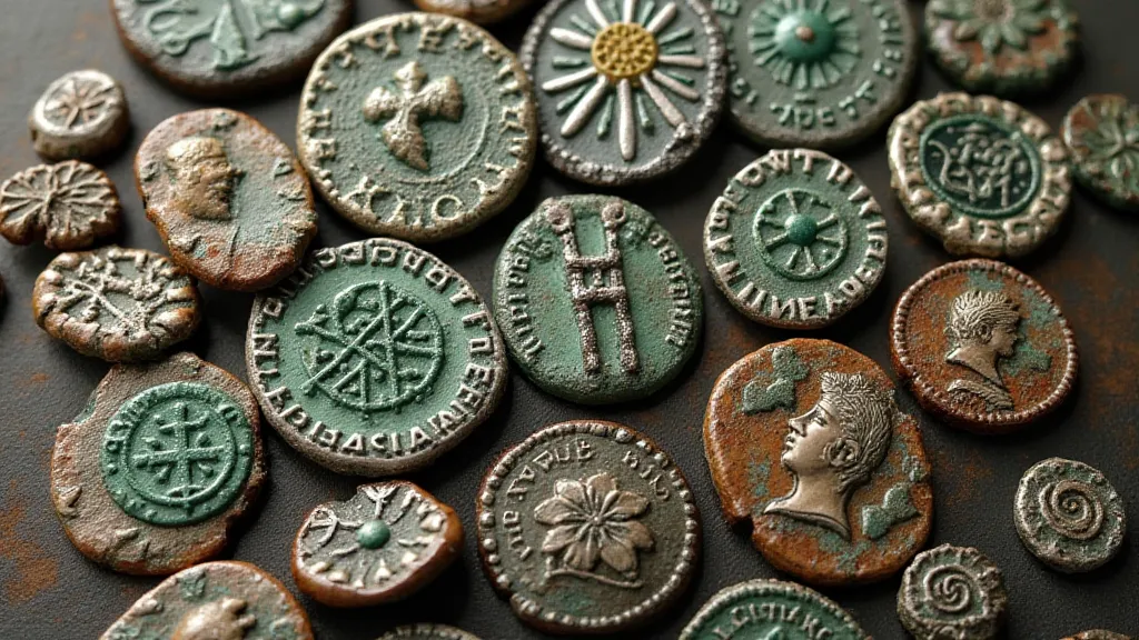 Collection of Roman coin replicas with various patinas