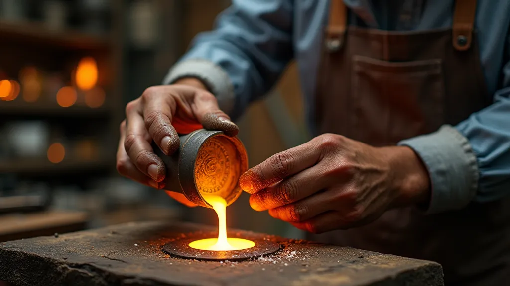 Metal being poured into a coin mold