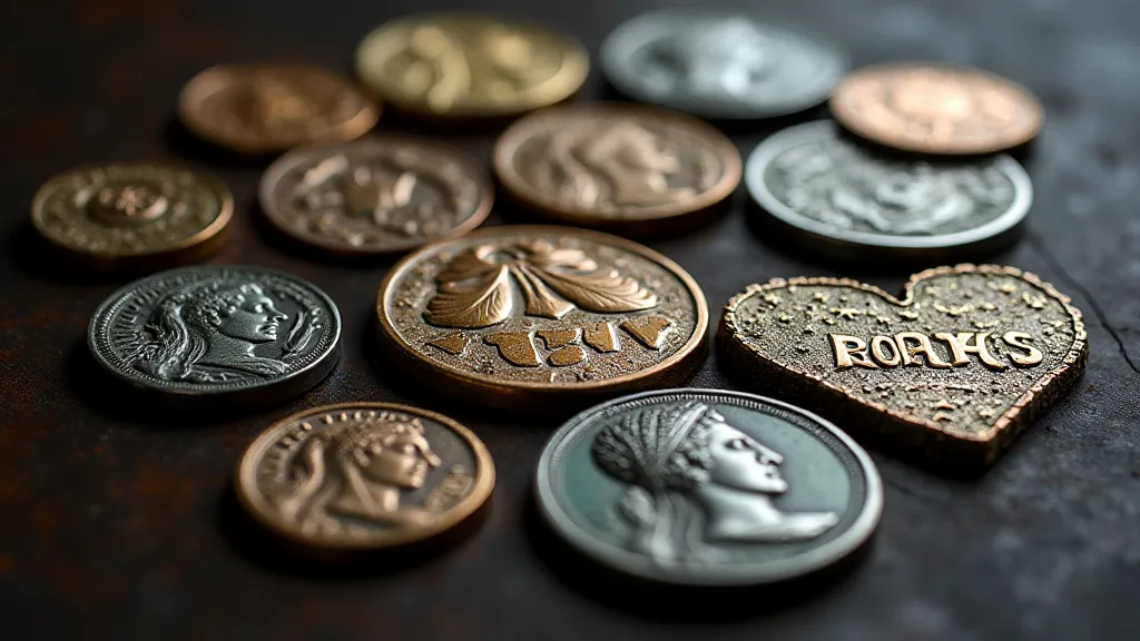 Display of Roman coin replicas in various metals.