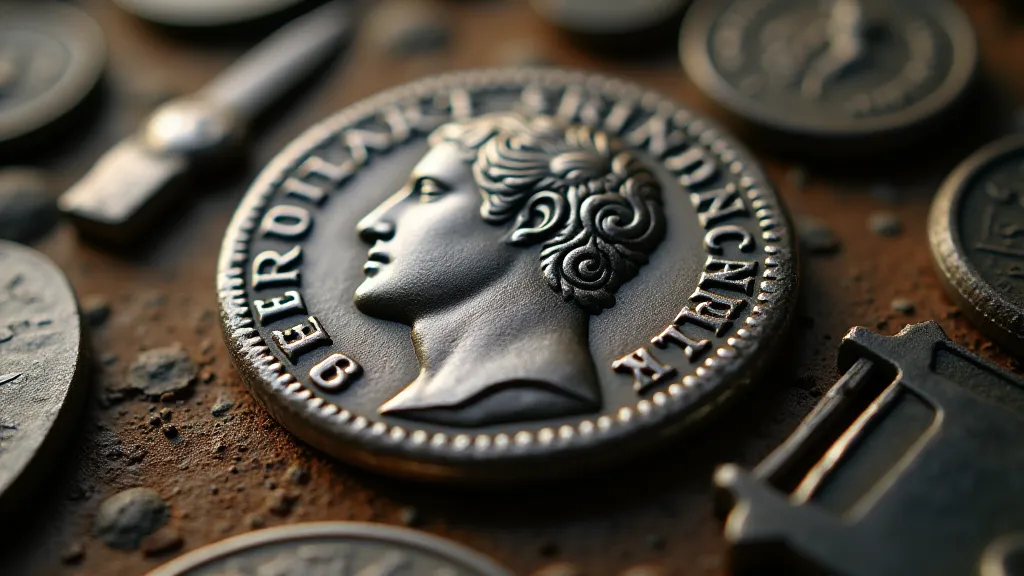 Close-up of a silver Trajan Denarius replica