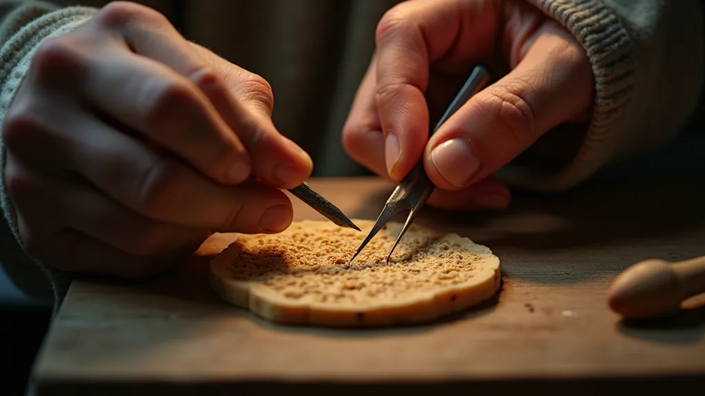 Craftsman carving a wax pattern of a Roman coin
